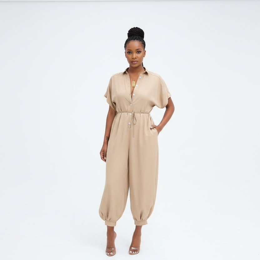 V-Neck Button Lace-Up Jumpsuit