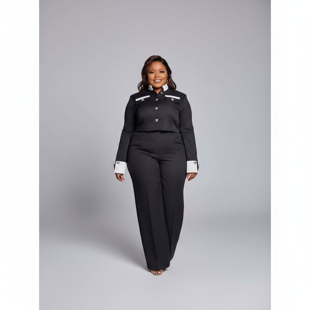 Vintage Contrast Collar Blouse & Cuffs Pleated Maxi  Skirt Suit Set