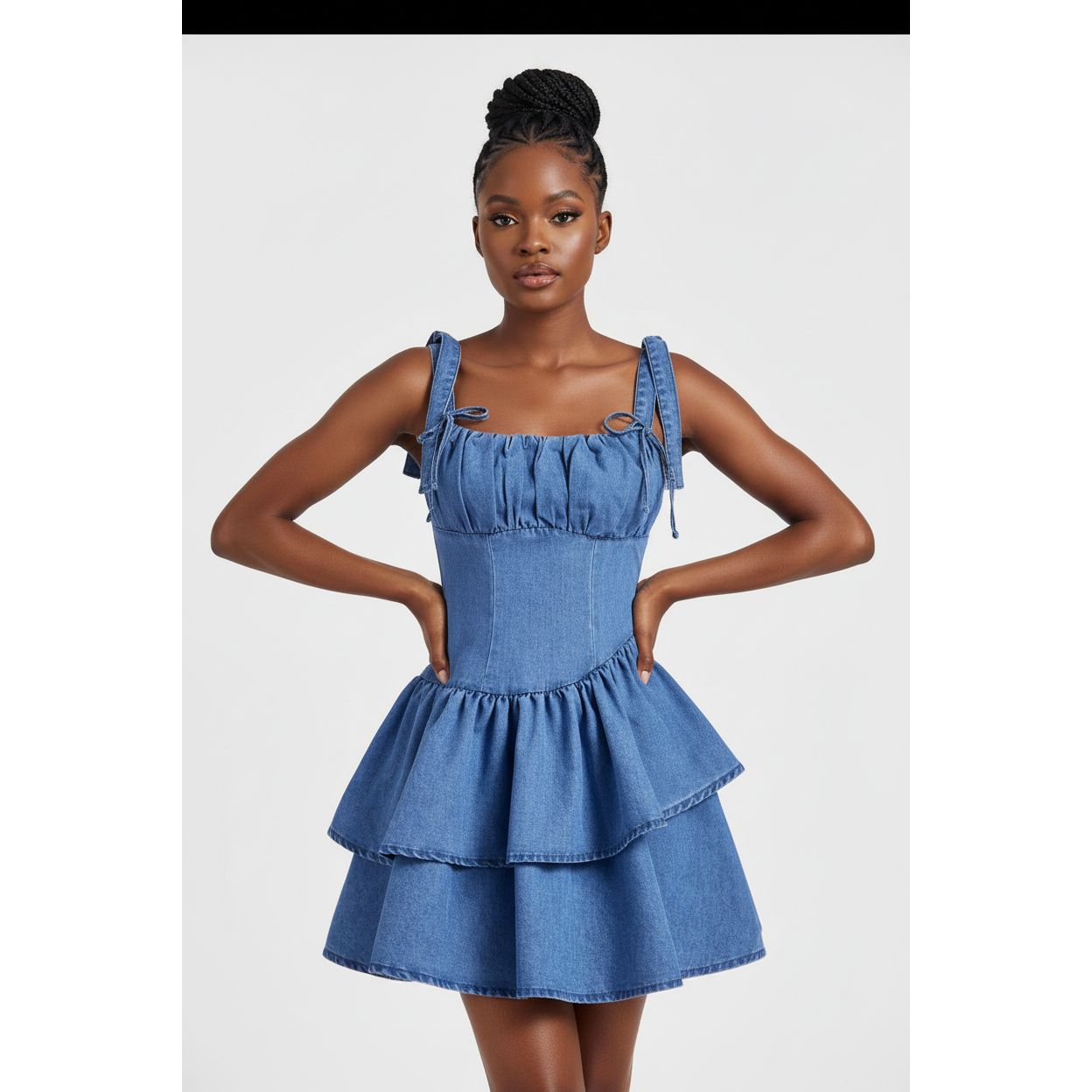 Bow Strap Asymmetrical Denim Double Layered Dress