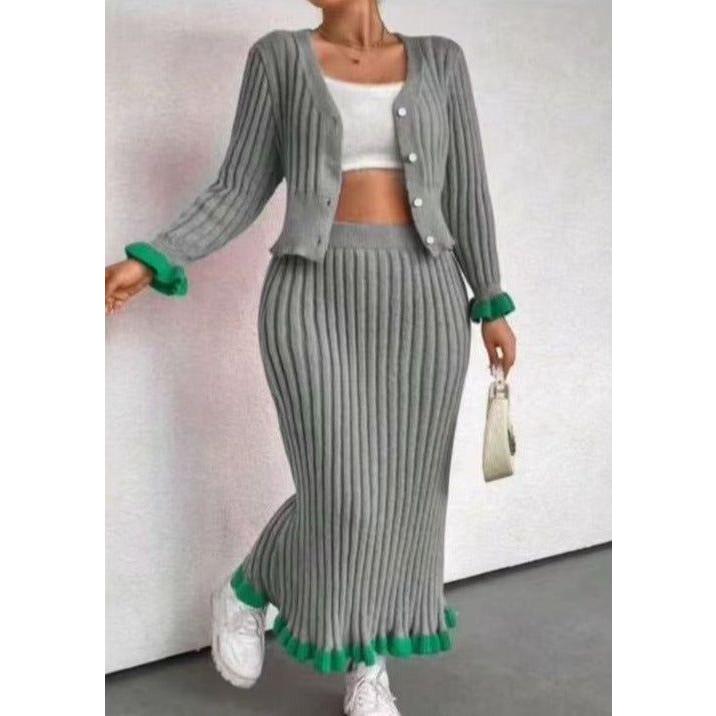 Sexy Knitted Buttoned Top and Skirt Set