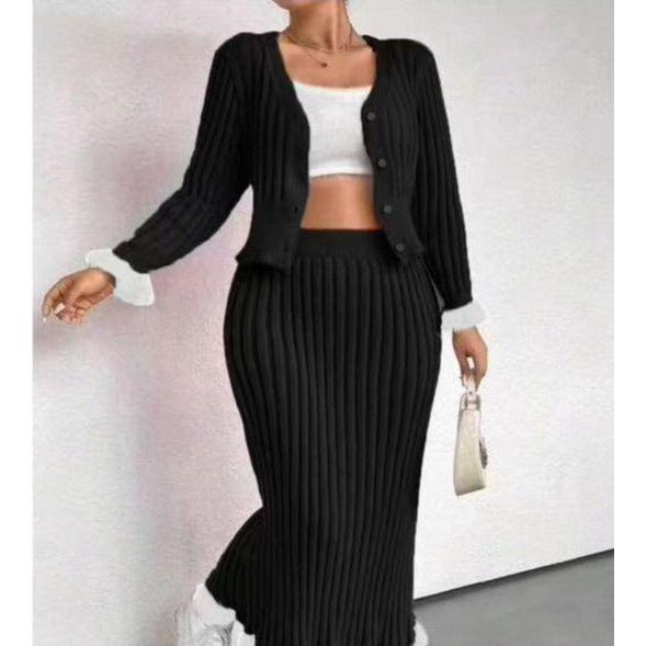 Sexy Knitted Buttoned Top and Skirt Set