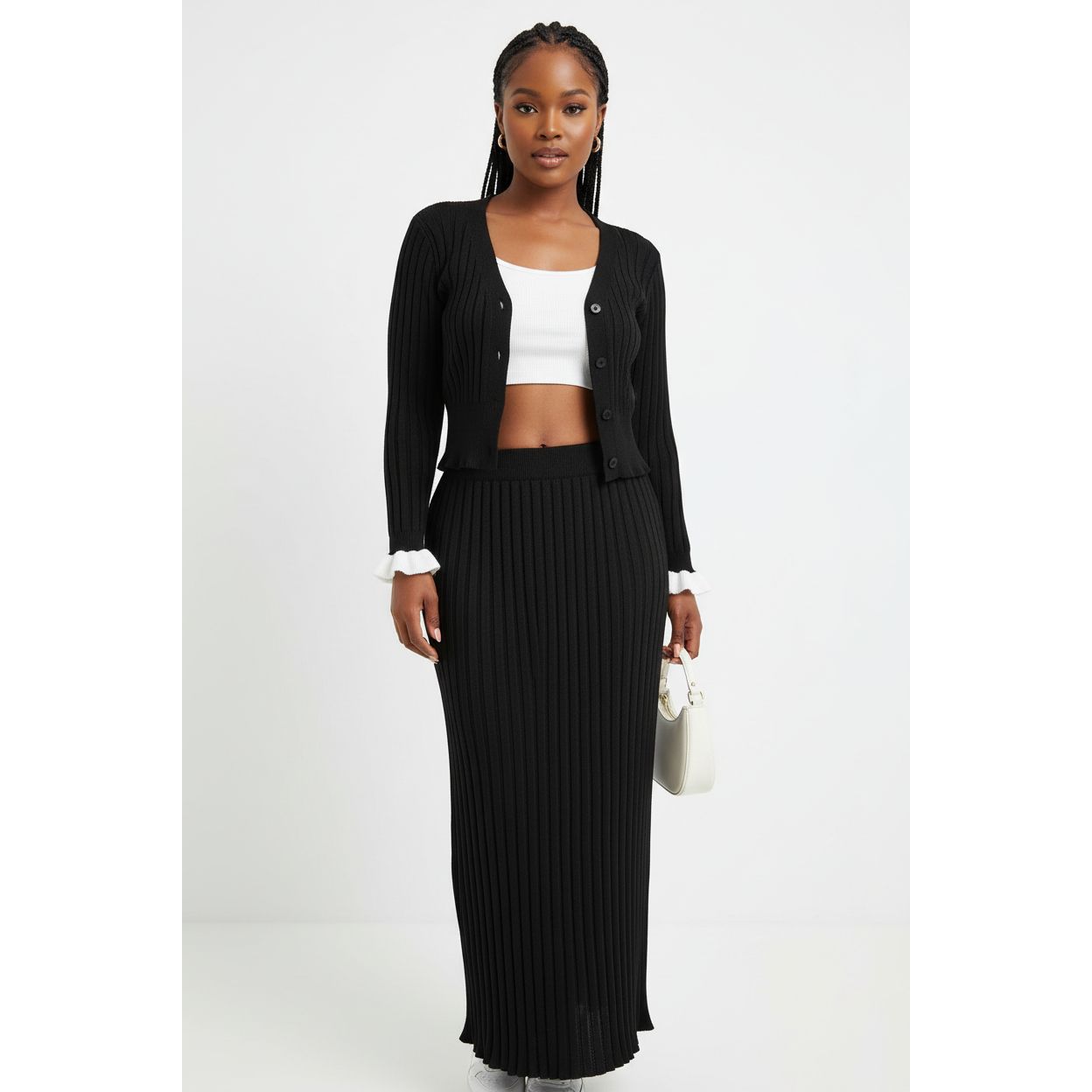 Sexy Knitted Buttoned Top and Skirt Set