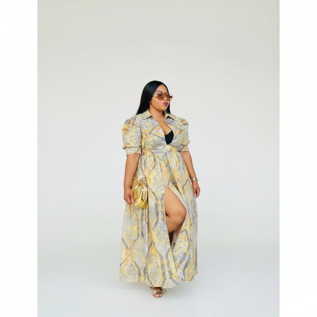 French Short Sleeve High Slit Maxi Dress