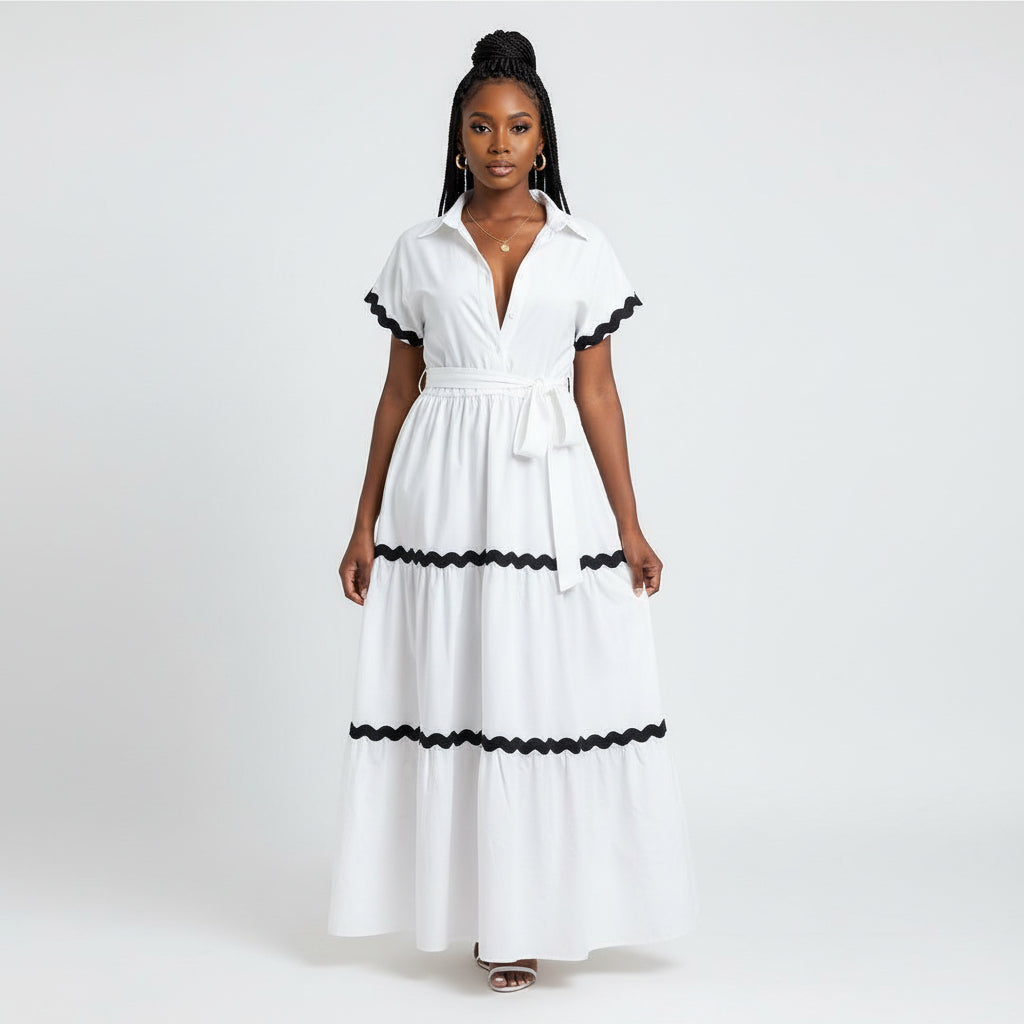 Plus Puff Sleeve Frilled Contrast Tape Belted Dress.