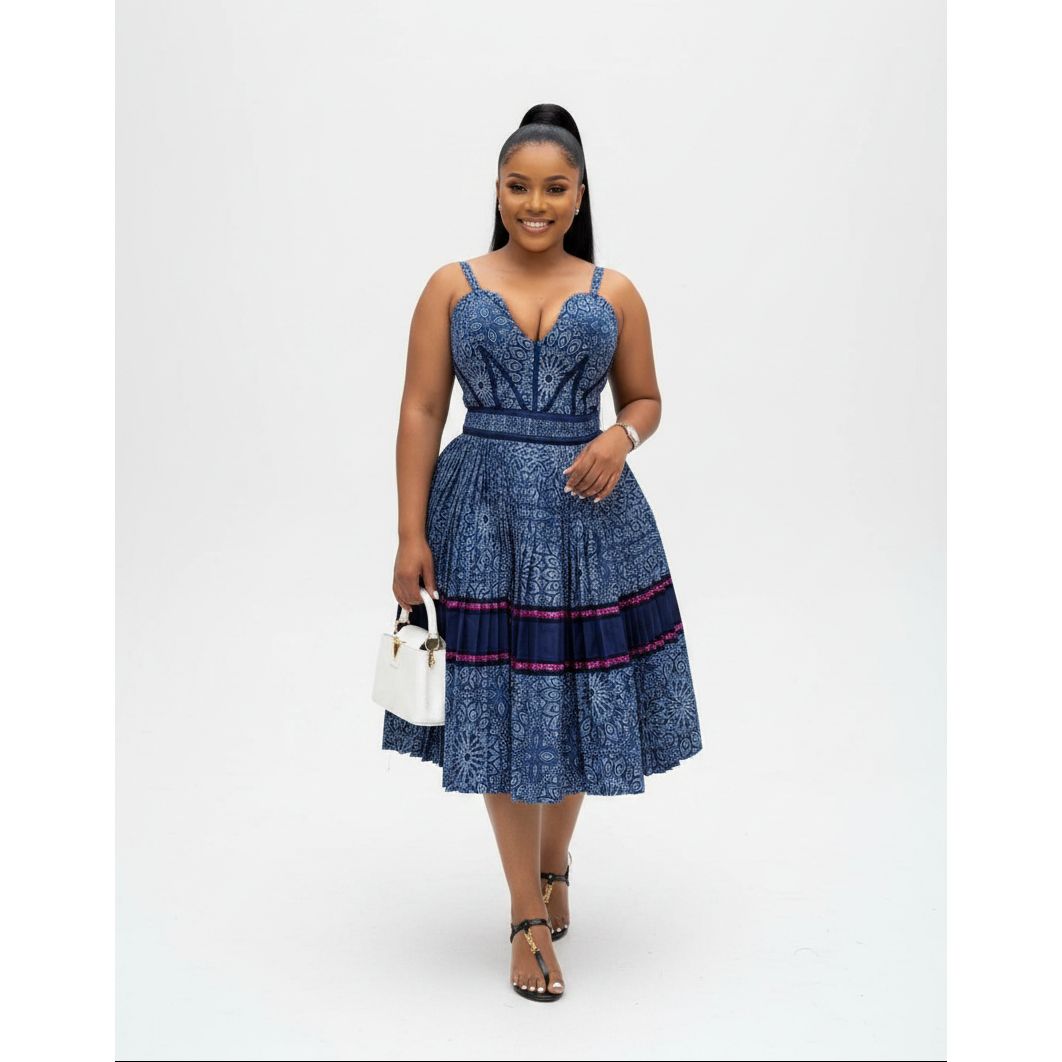 Royal Traditional Shweshwe Backless Pleated Dress