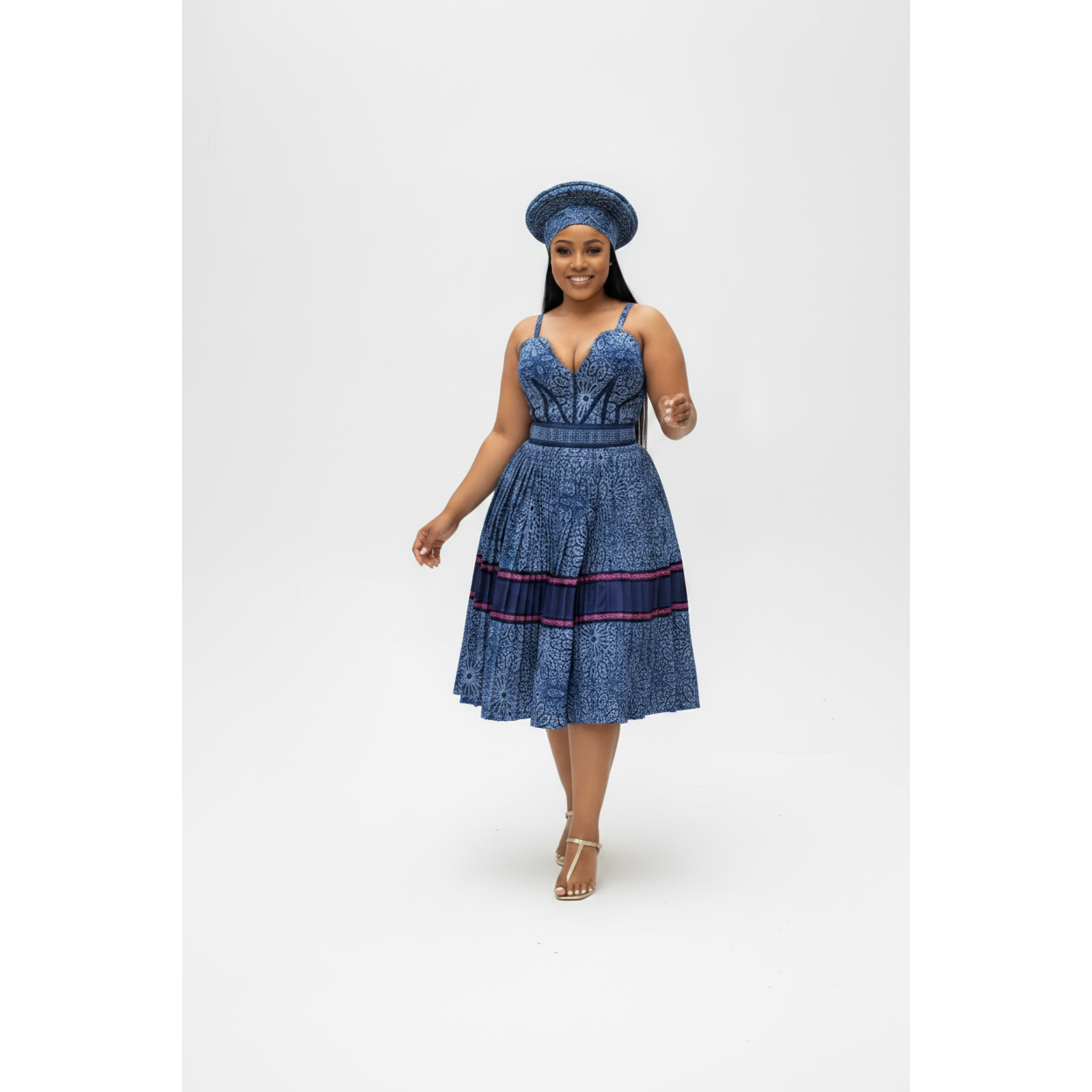 Royal Traditional Shweshwe Backless Pleated Dress
