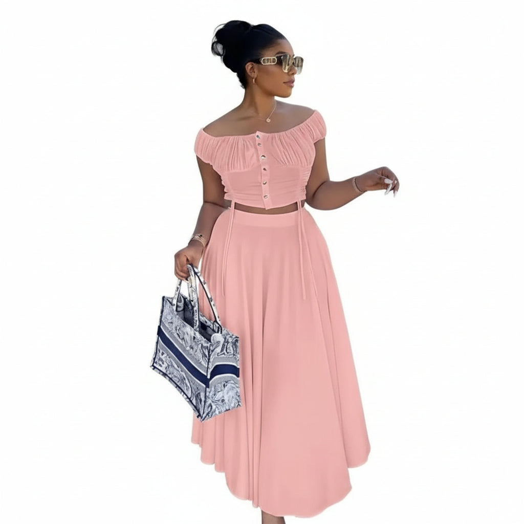 Off Shoulder Front Button Top and Skirt.