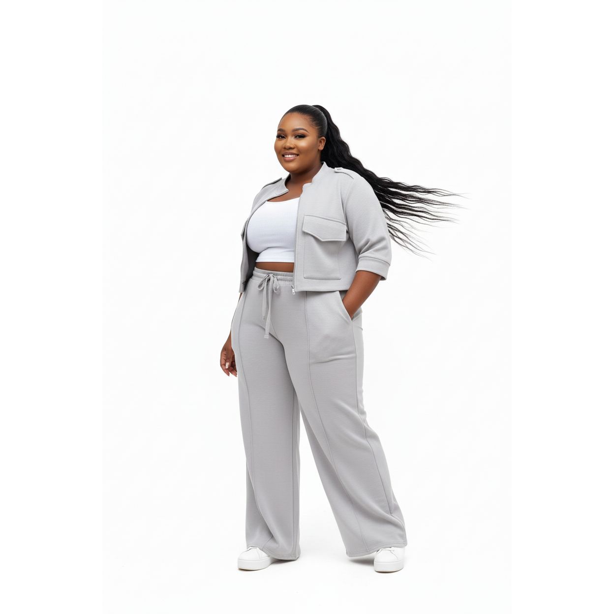 Plus-Size Zip-Up Jacket & Wide Leg Pants Set
