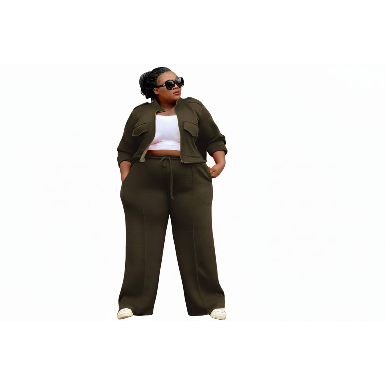 Plus-Size Zip-Up Jacket & Wide Leg Pants Set