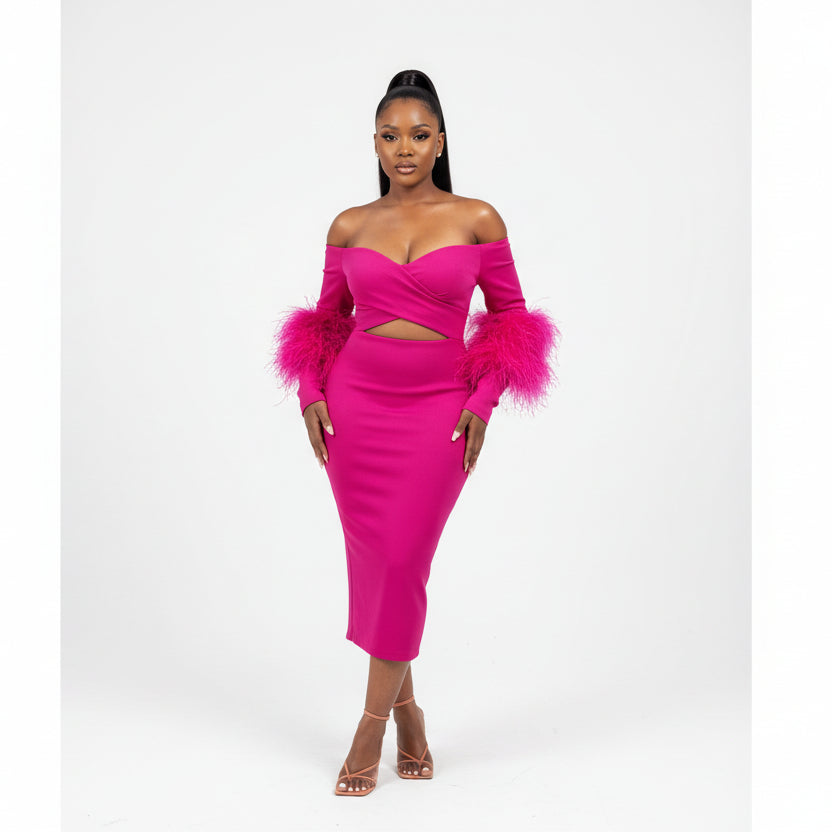 Knitted Off Shoulder Feather Dress