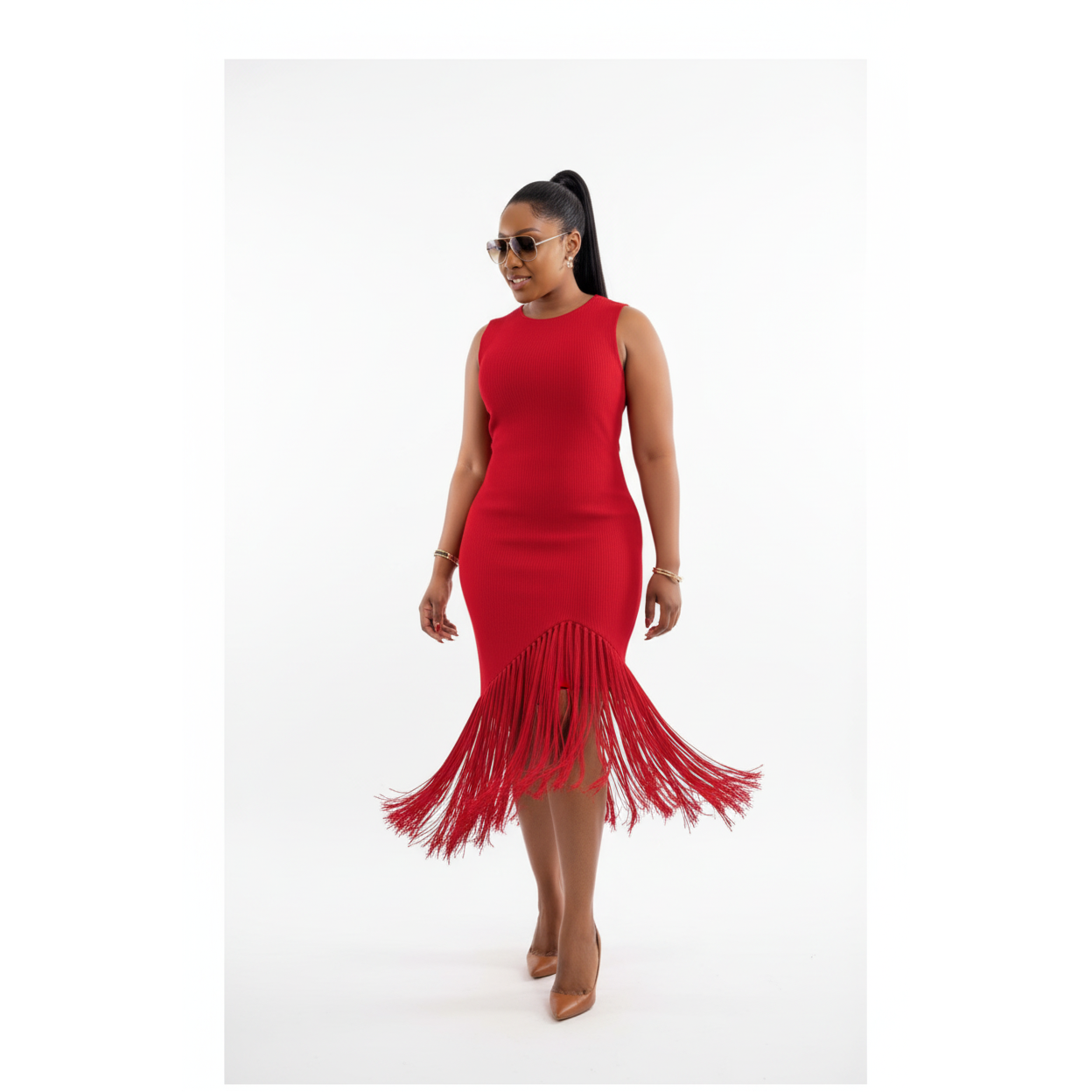 Knitted Tussle Midi Fringe Dress.