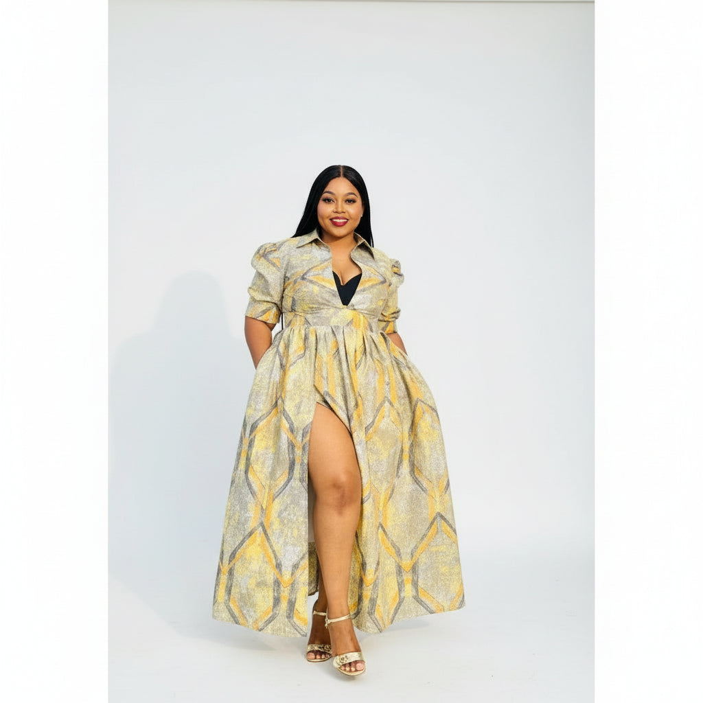 French Short Sleeve High Slit Maxi Dress