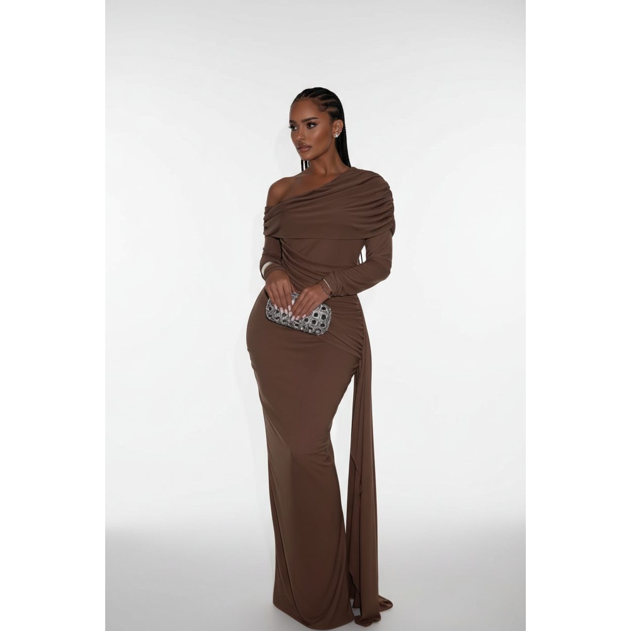 Draped One-Shoulder Side-Sash Evening Gown