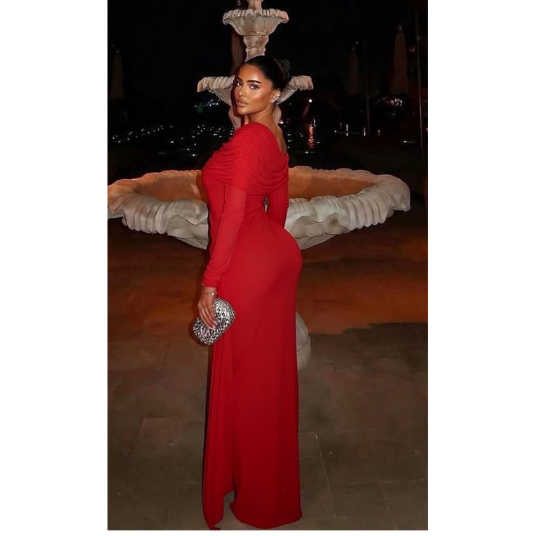 Draped One-Shoulder Side-Sash Evening Gown
