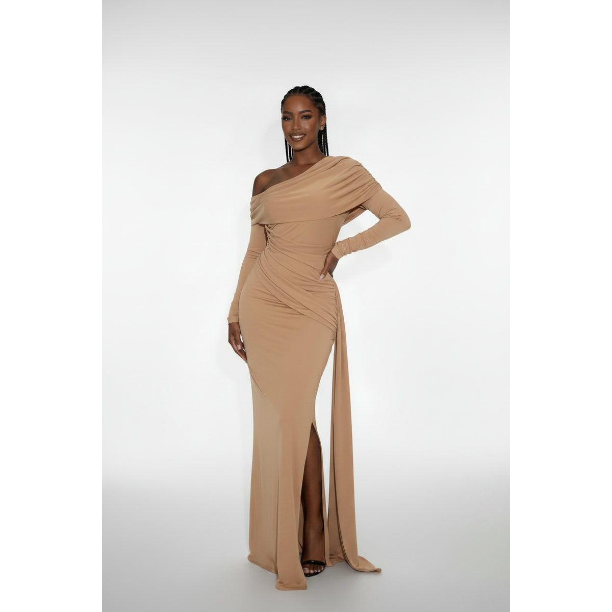 Draped One-Shoulder Side-Sash Evening Gown