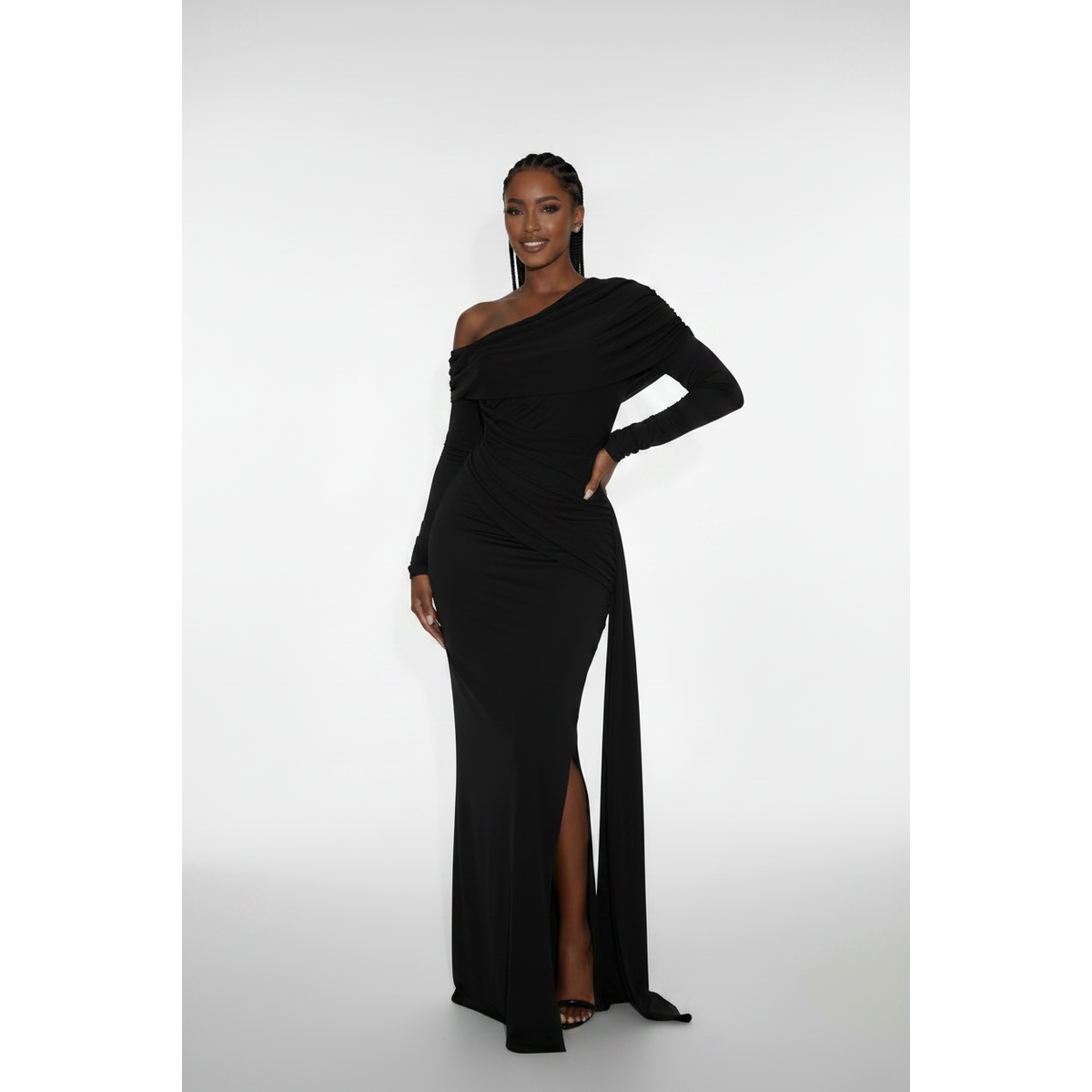 Draped One-Shoulder Side-Sash Evening Gown
