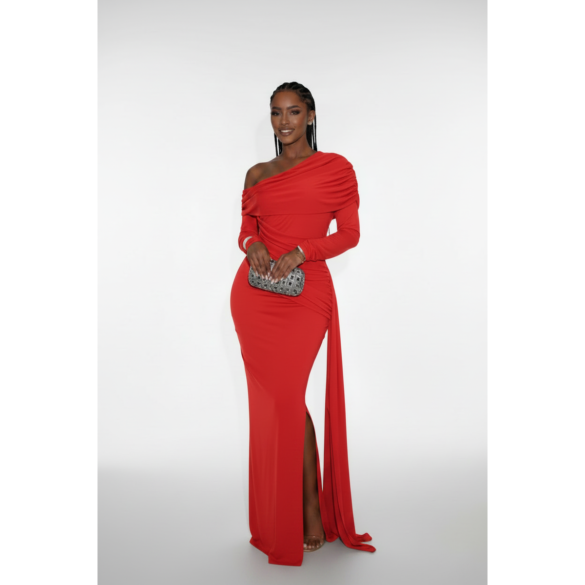 Draped One-Shoulder Side-Sash Evening Gown