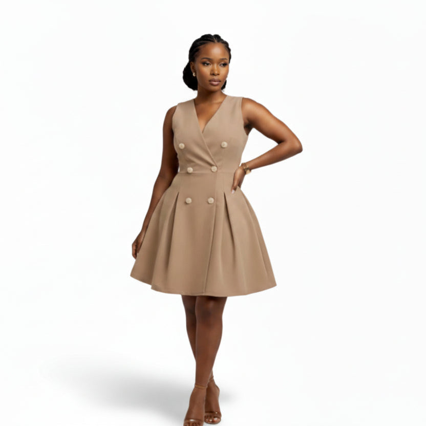 Plus Size Button Design Sleeveless Pleated Mini Dress