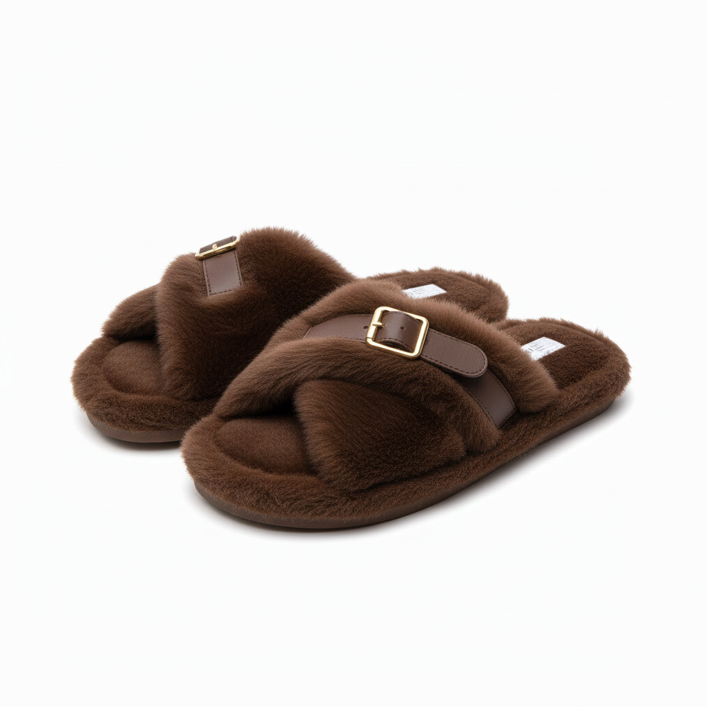 Soft Plush Fuzzy Crossed Strap Buckle Slippers