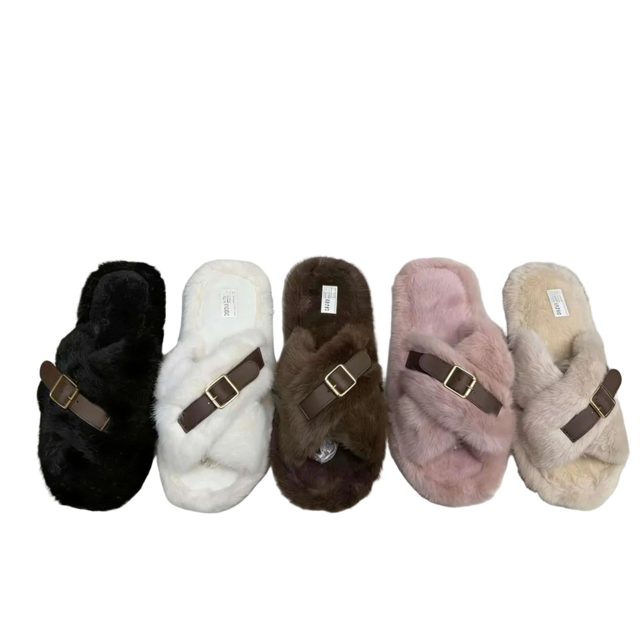 Soft Plush Fuzzy Crossed Strap Buckle Slippers