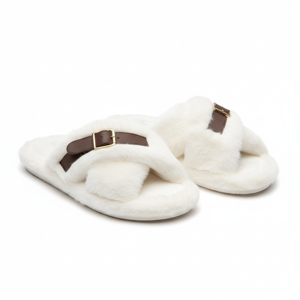 Soft Plush Fuzzy Crossed Strap Buckle Slippers