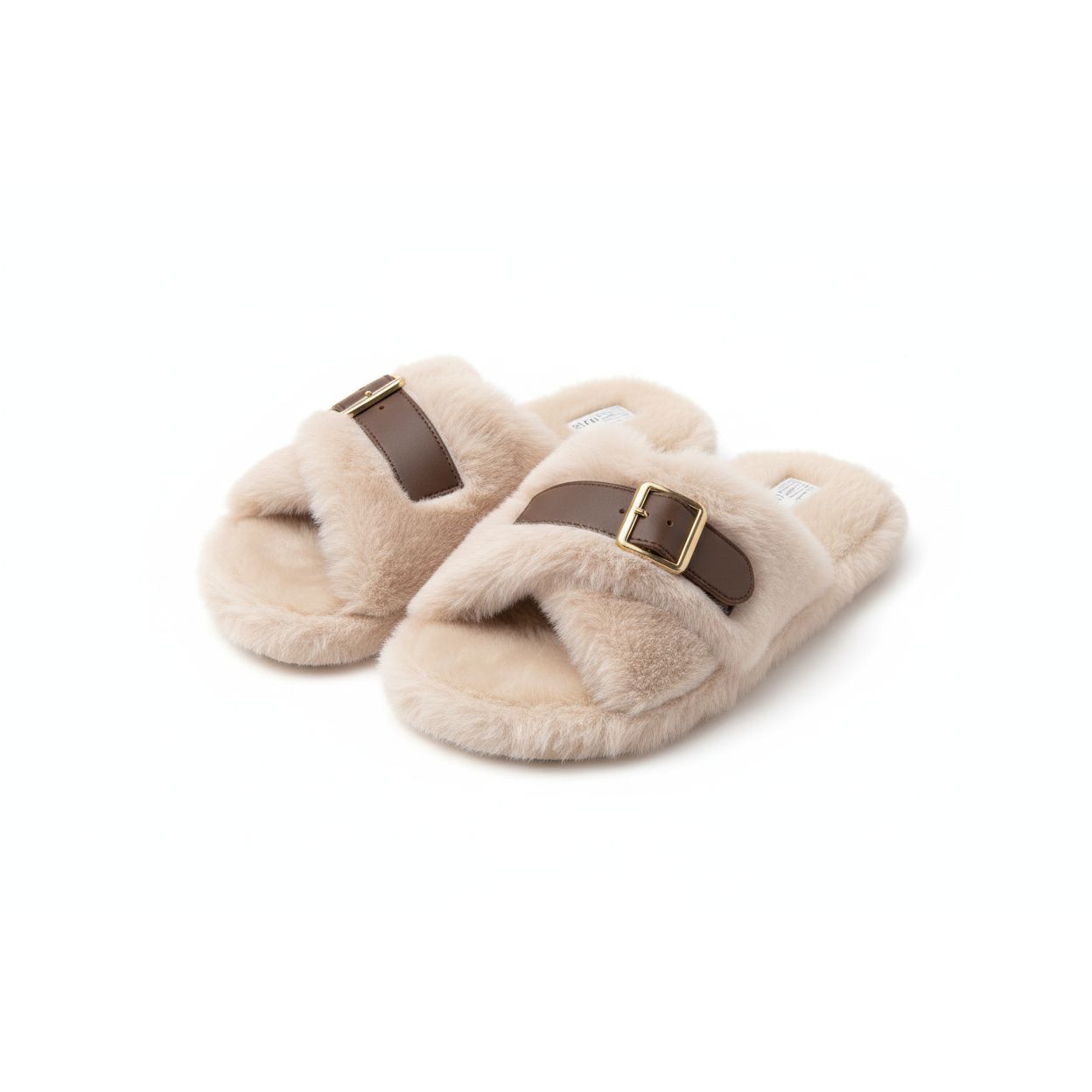 Soft Plush Fuzzy Crossed Strap Buckle Slippers