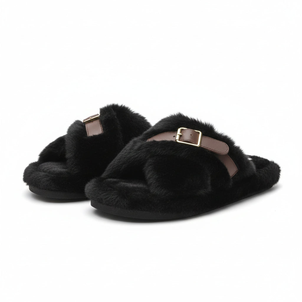 Soft Plush Fuzzy Crossed Strap Buckle Slippers