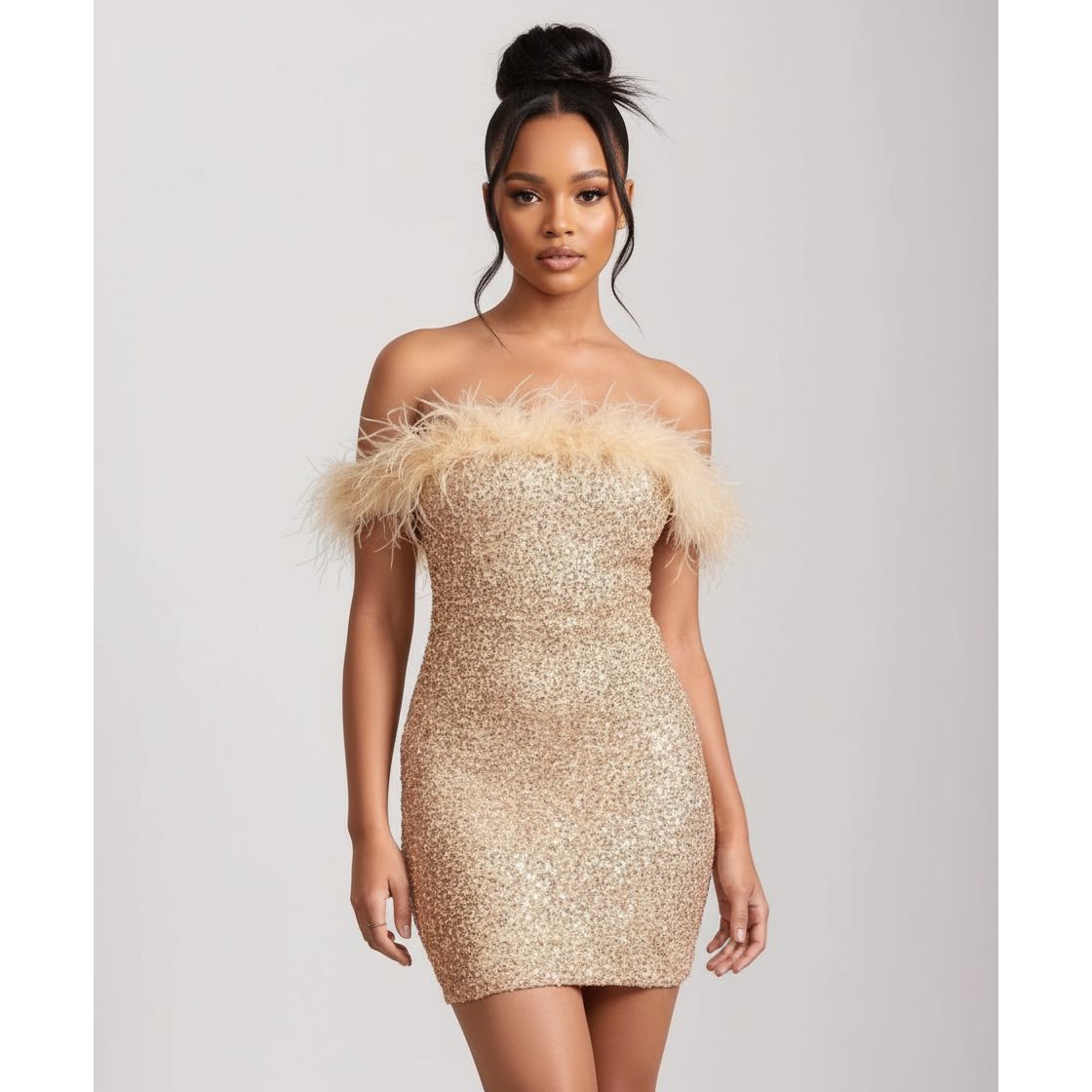 Off Shoulder Fur Sequin Dress