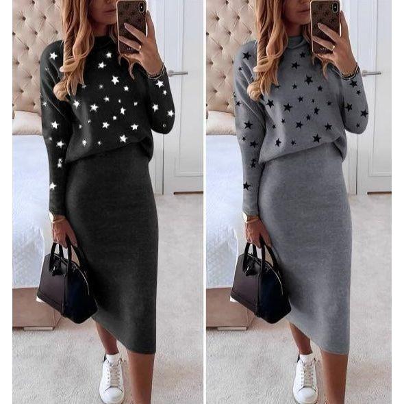 Sexy Knitted Printed Top and Skirt Set