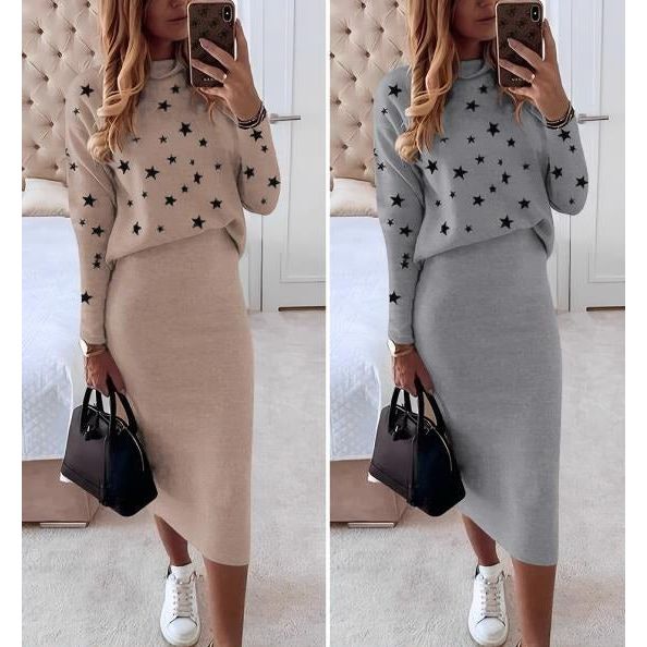 Sexy Knitted Printed Top and Skirt Set