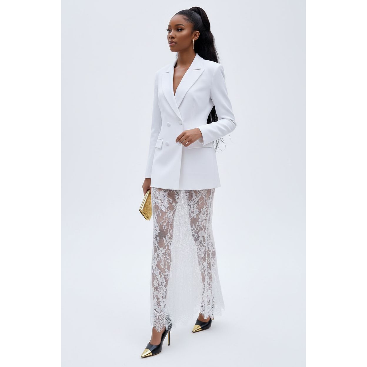 Double-Breasted Blazer & Sheer Lace Skirt Set