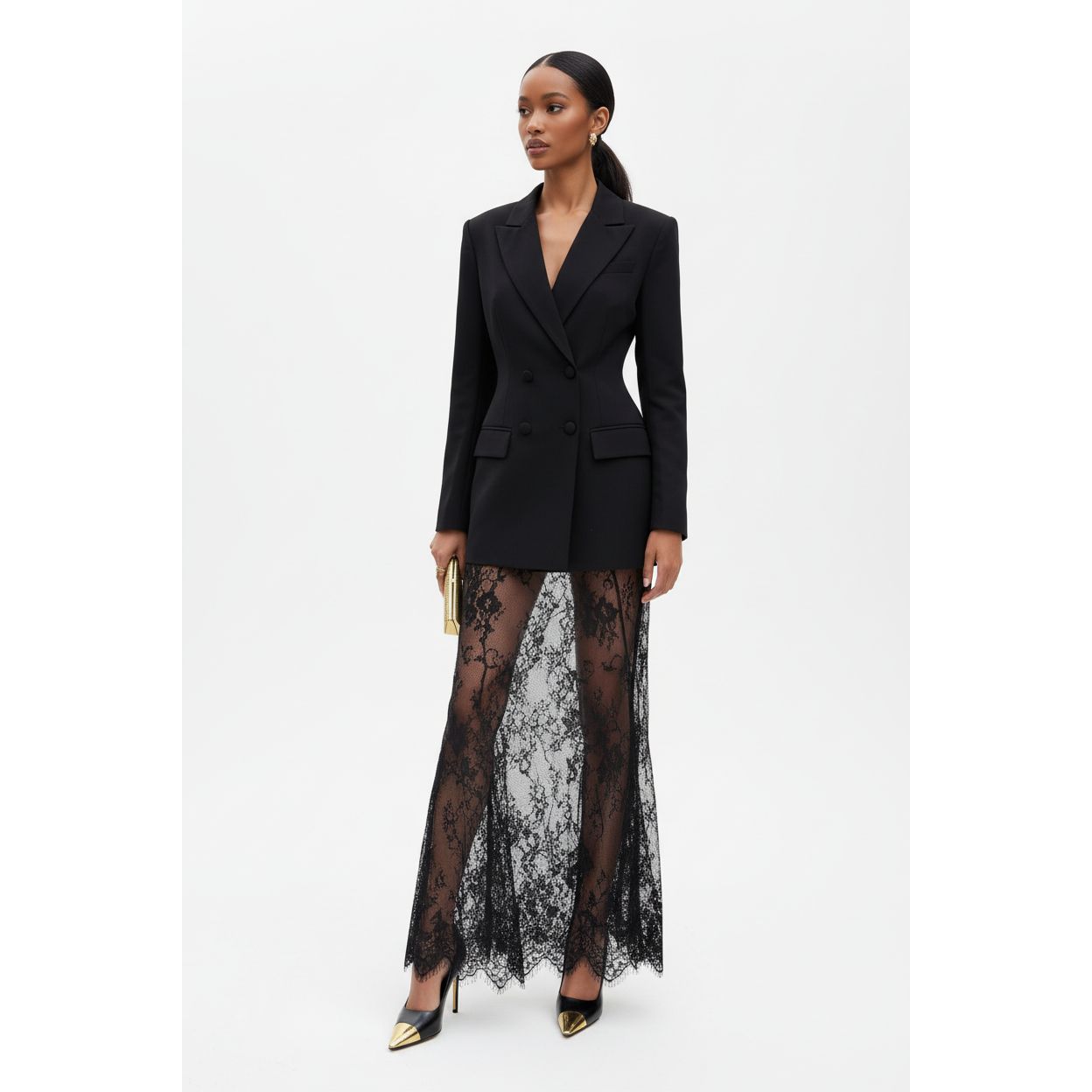 Double-Breasted Blazer & Sheer Lace Skirt Set