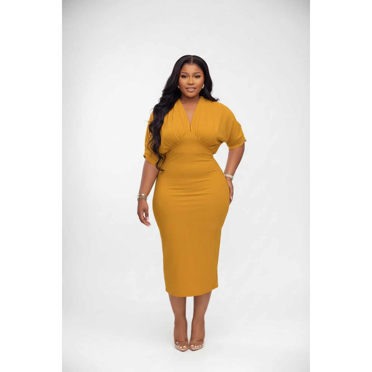 Plus Size Ruched Sleeves V-Neck Bodycon Dress