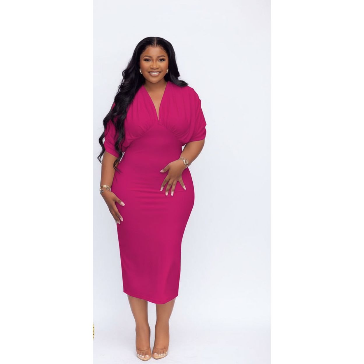 Plus Size Ruched Sleeves V-Neck Bodycon Dress