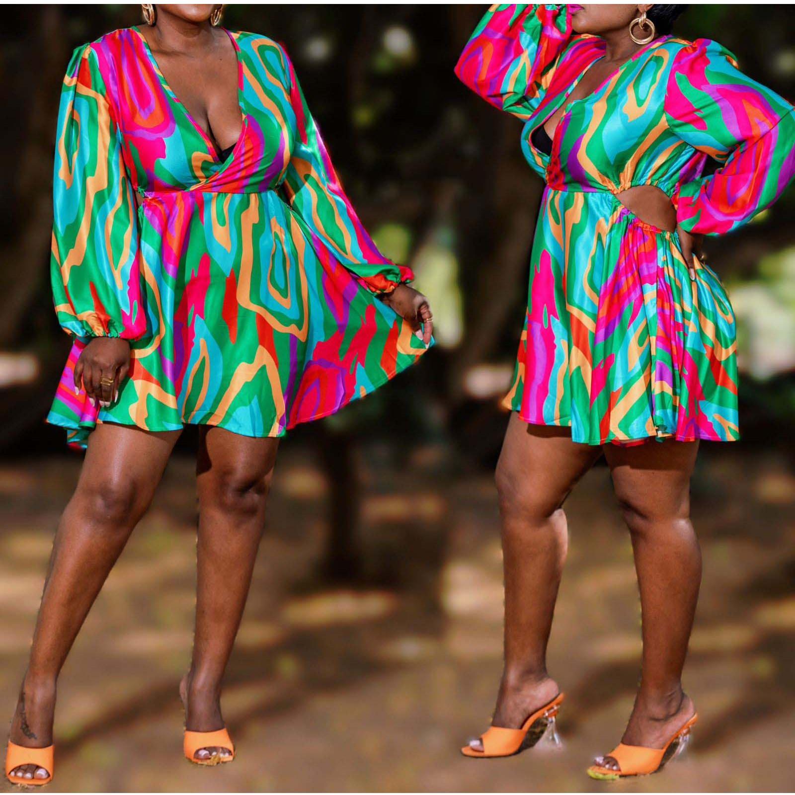 Multi-Color V-Neck Mini Dress