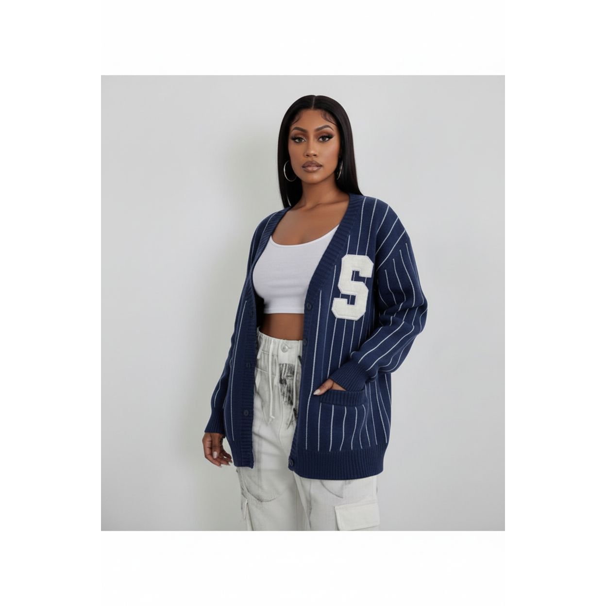 Oversized Pinstriped Varsity Sweater