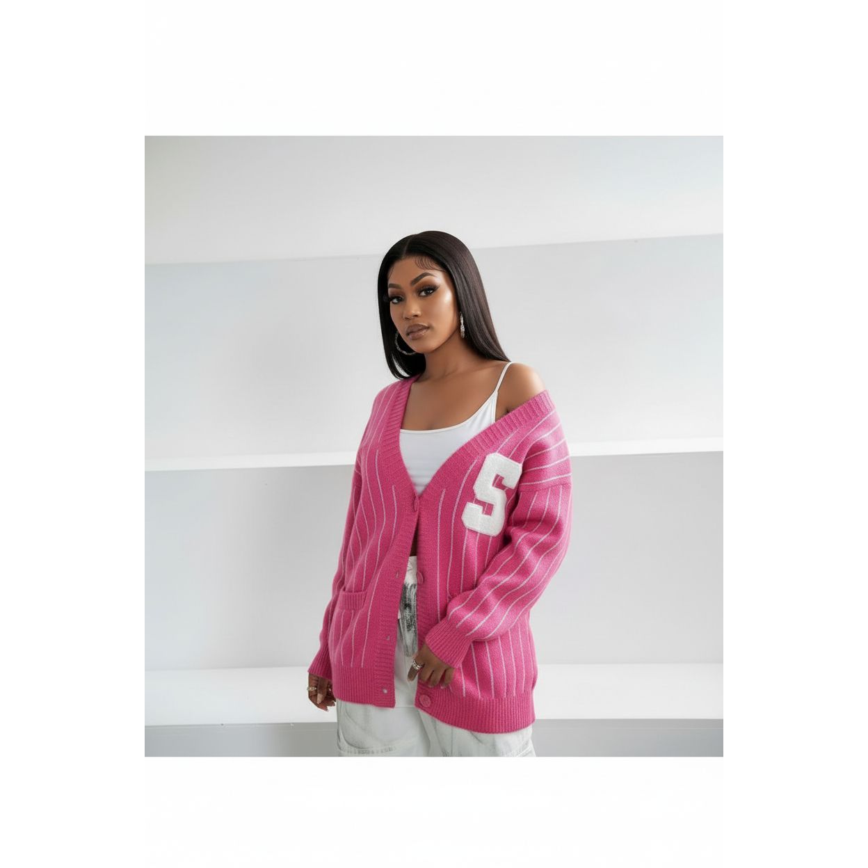 Oversized Pinstriped Varsity Sweater