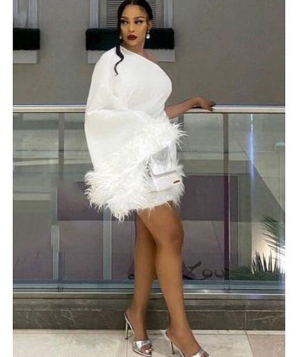One Hand Off Shoulder Feather Dress