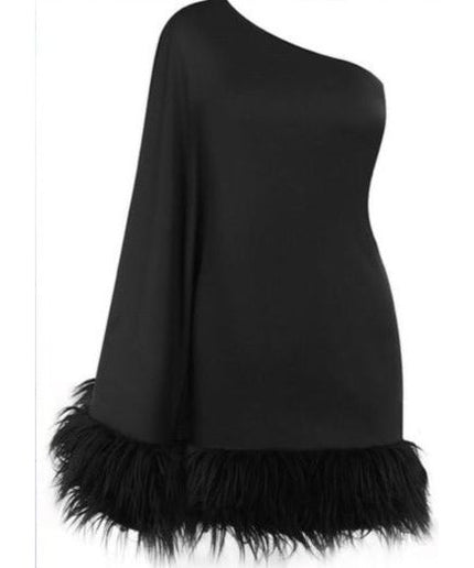 One Hand Off Shoulder Feather Dress