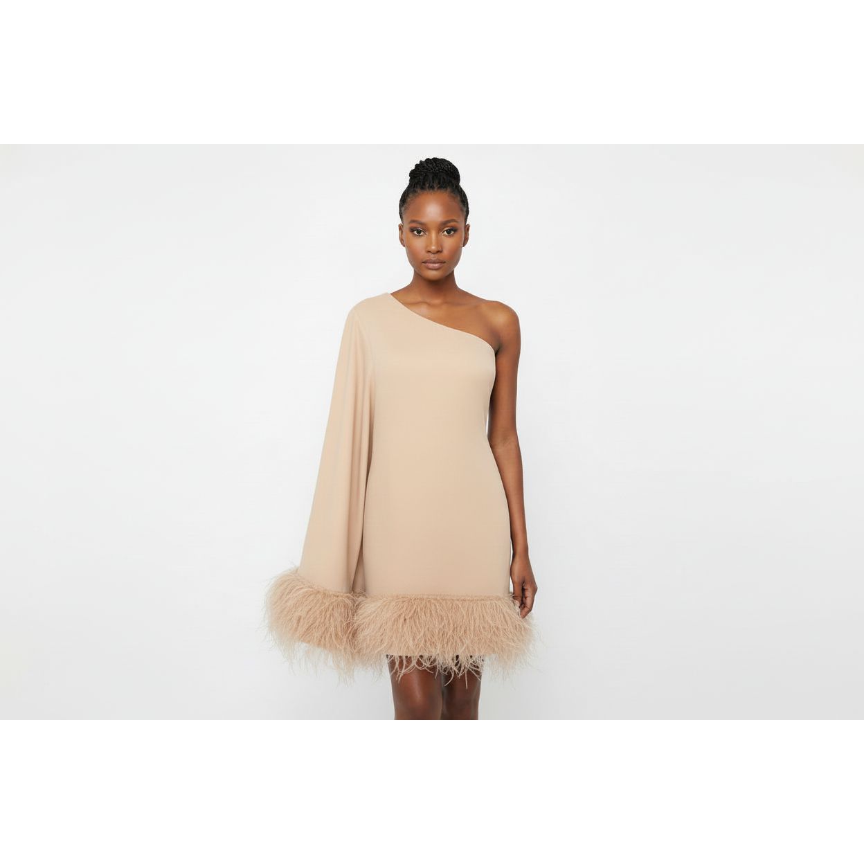 One Hand Off Shoulder Feather Dress
