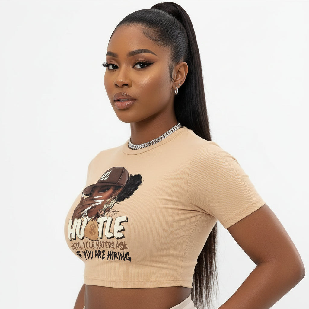 Women's Short Sleeve Hustle Graphic Crop Top