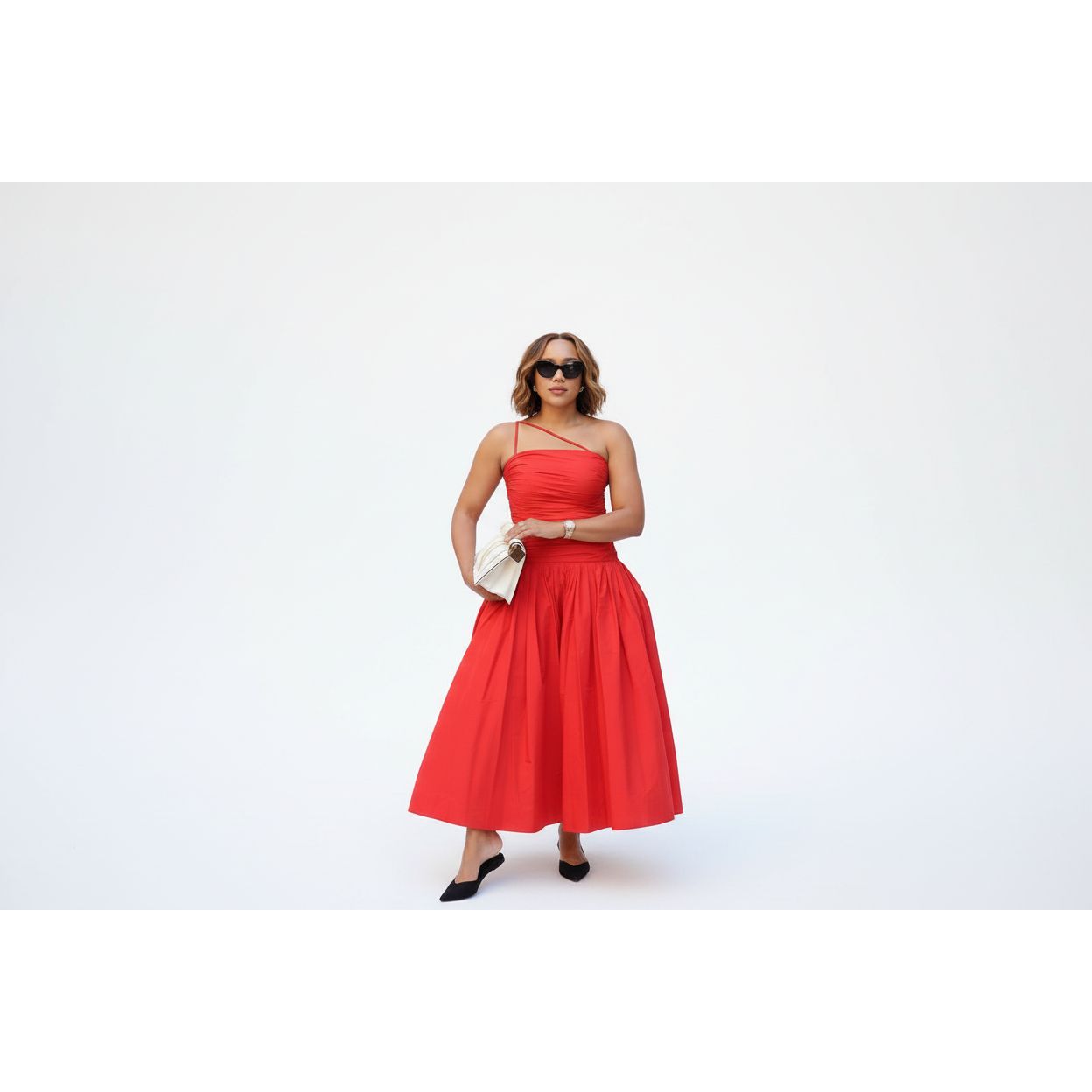 Asymmetric Strap Bubble Ruched  Midi Dress