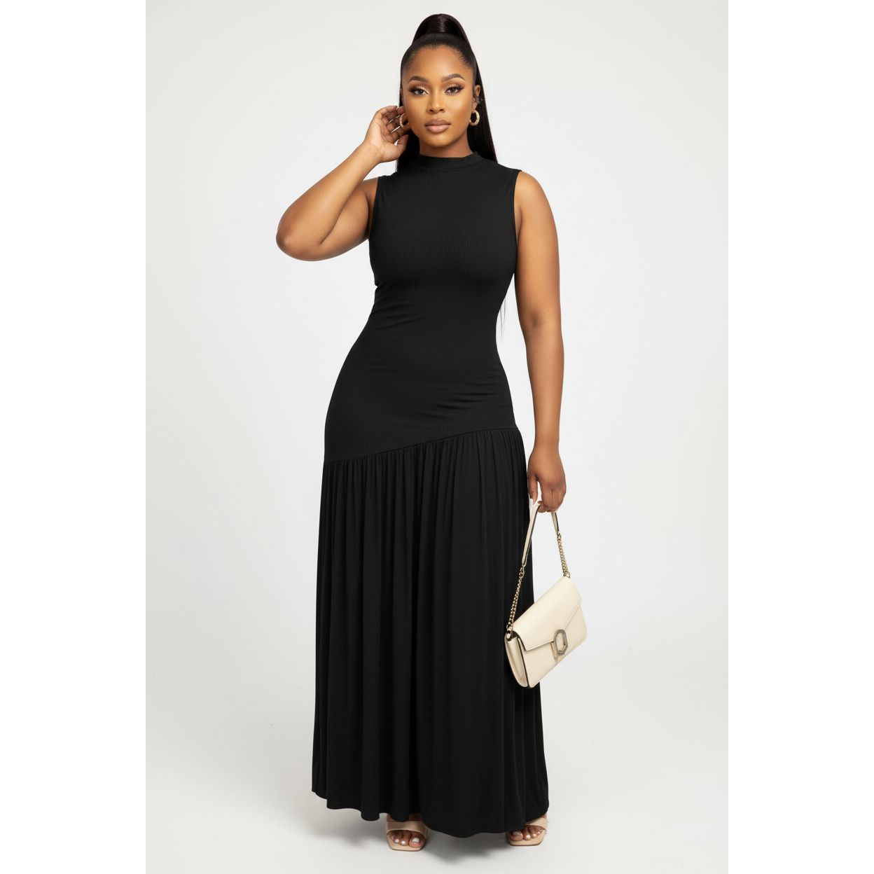 Sleeveless Mock-Neck Ruched Maxi Dress