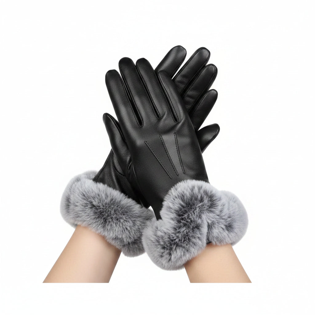 Vintage Faux Leather Fur Cuff Gloves