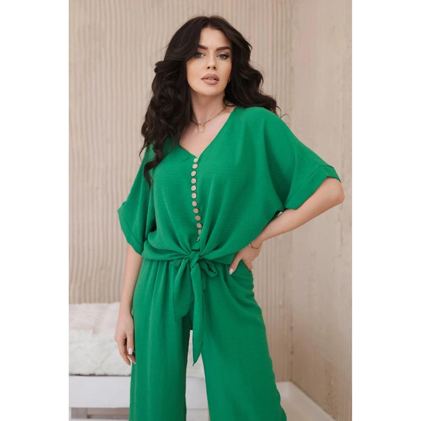 Button Front Shirt & Wide Leg Pants Set.