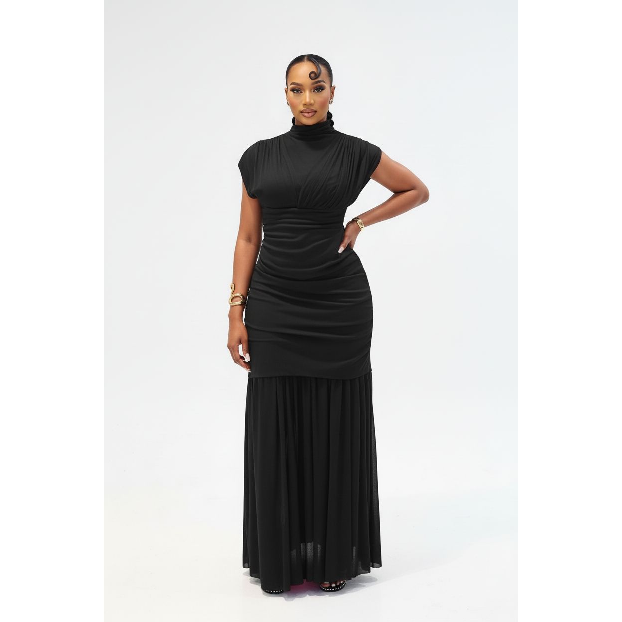 Ruched Mesh Cap Sleeveless Maxi Dress