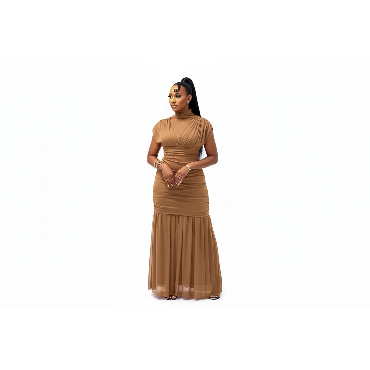 Ruched Mesh Cap Sleeveless Maxi Dress