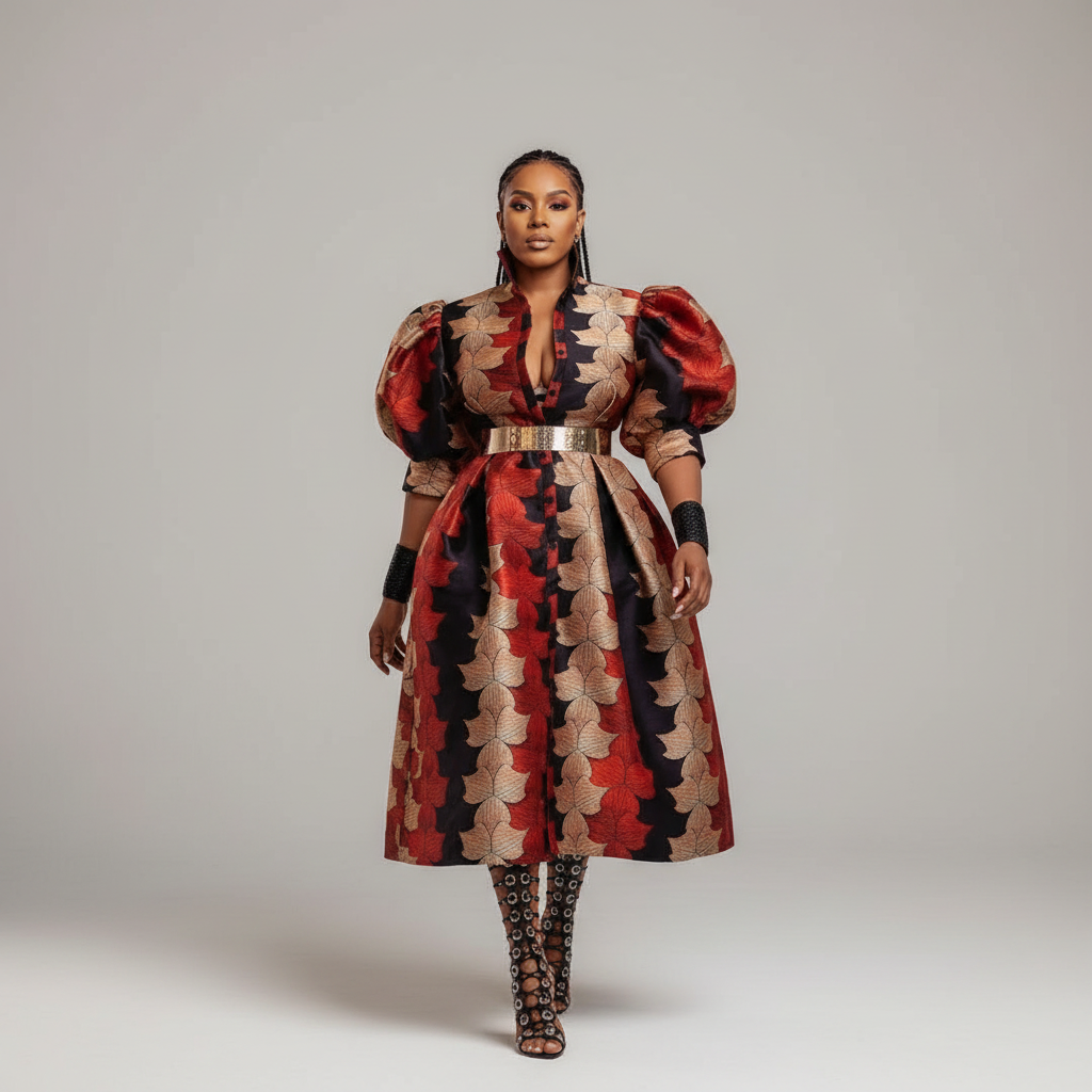 Button Detailed Puffer Sleeve Dress