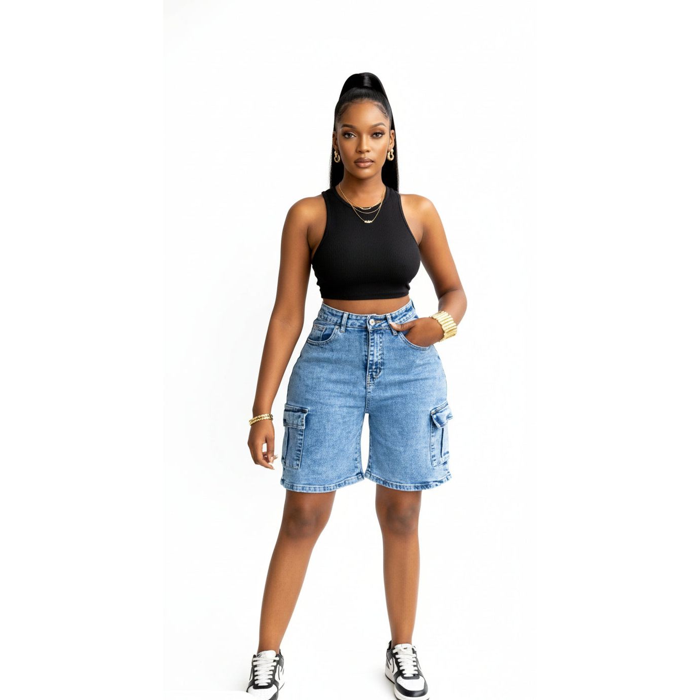 Women's Acid Wash Denim Cargo Shorts