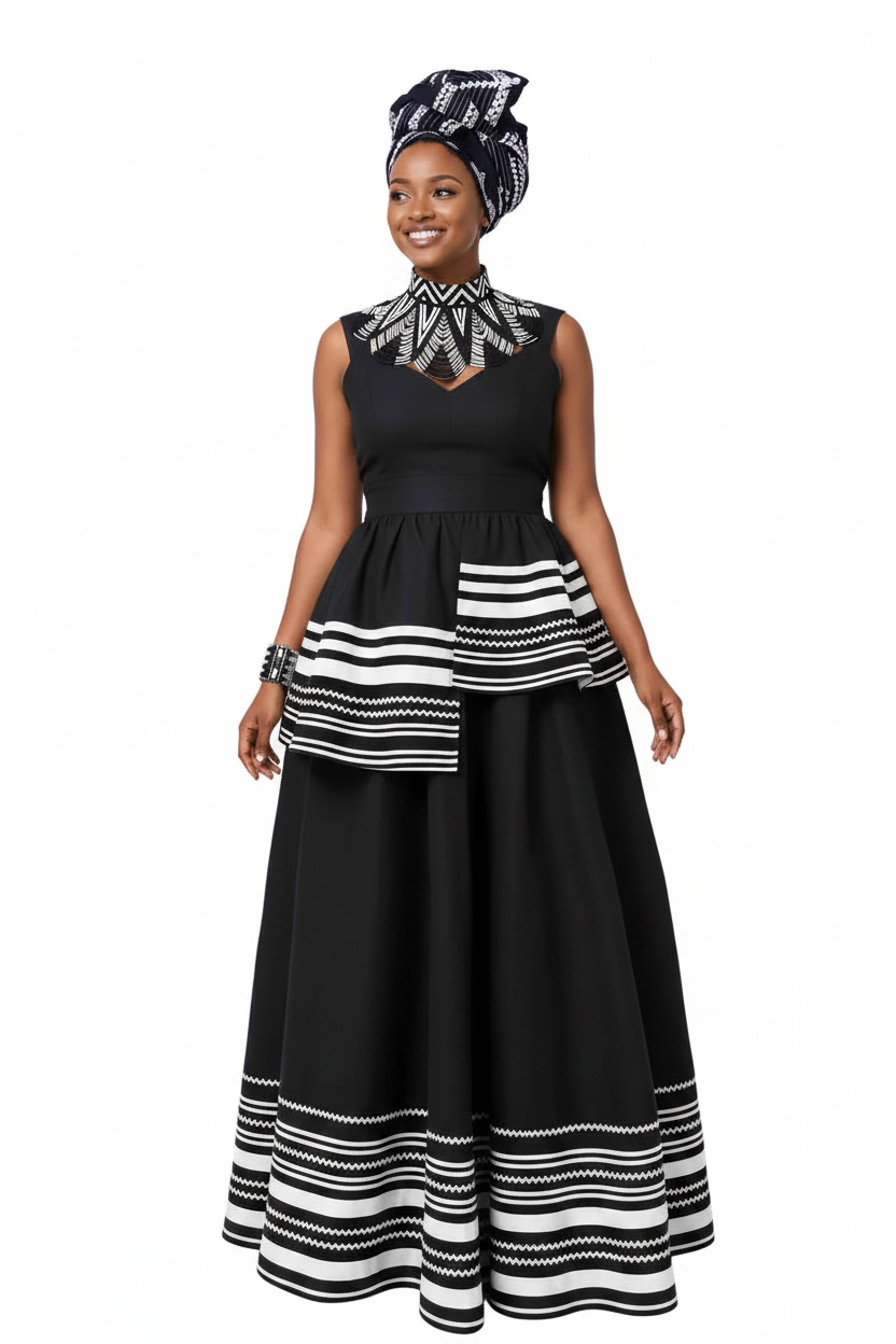 Sleeveless  Patterned with Layered Traditional Trim Dress
